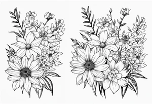 Aster and  delphinium tall bouquet tattoo idea