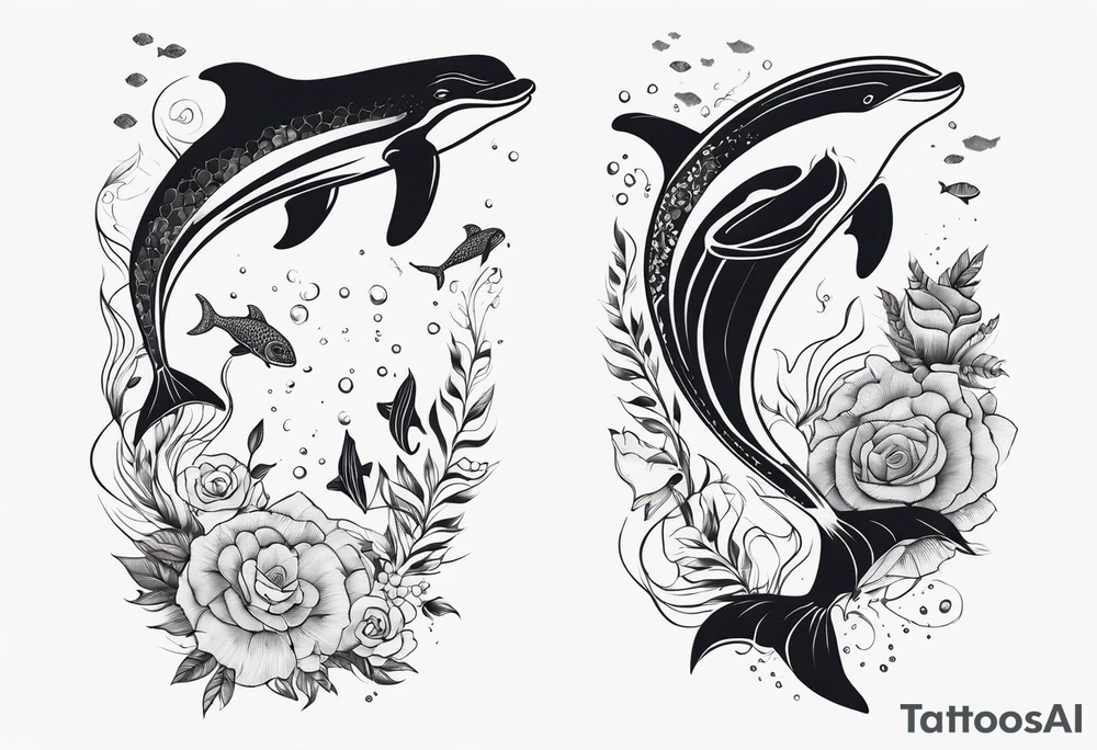 floral leg sleeve with stingray, dolphin, turtle,whale,fish, manatee tattoo idea