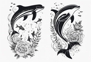 floral leg sleeve with stingray, dolphin, turtle,whale,fish, manatee tattoo idea