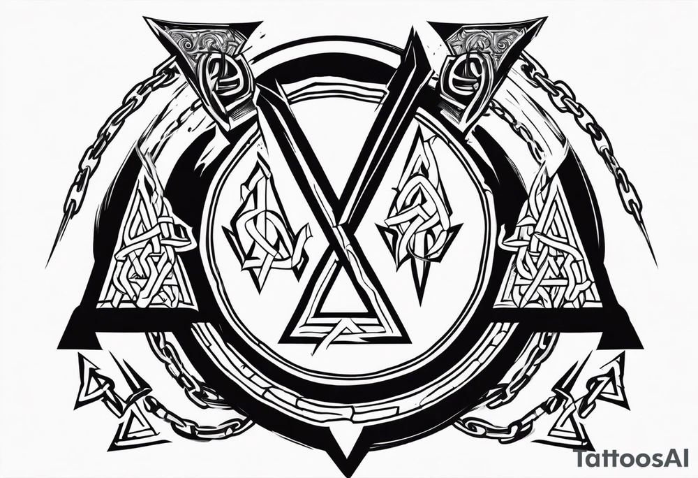 Valhalla sword shield axe barbed wire chains valknut fire tattoo idea Valhalla sword shield axe barbed wire chains valknut fire tattoo idea