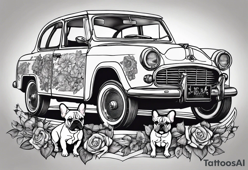 A french bulldog to dices vith the telores C and R four clower and a car tattoo idea