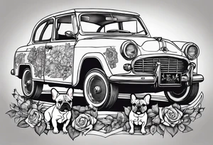 A french bulldog to dices vith the telores C and R four clower and a car tattoo idea