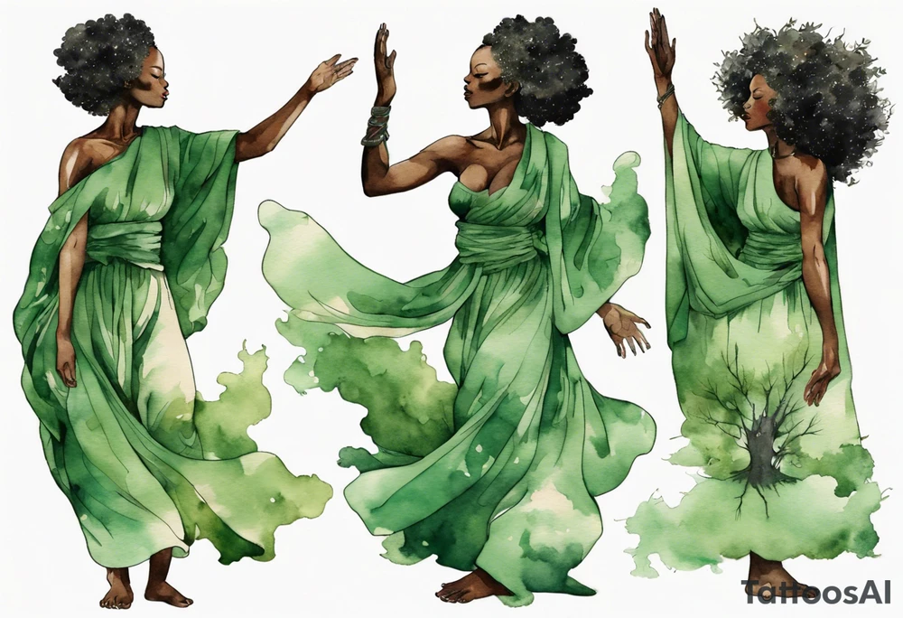 a tree with a trunk that turns into a black woman reaching with her arms towards the sun, wearing a green tunic tattoo idea