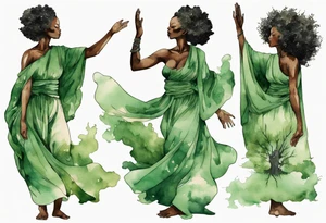 a tree with a trunk that turns into a black woman reaching with her arms towards the sun, wearing a green tunic tattoo idea