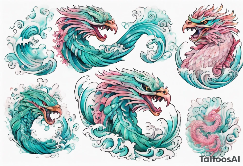 a beautiful turquoise pink and white sea Quetzalcoatl rising from the waves of the ocean with a feminine face tattoo idea