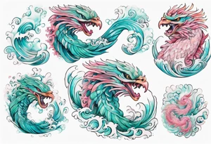a beautiful turquoise pink and white sea Quetzalcoatl rising from the waves of the ocean with a feminine face tattoo idea