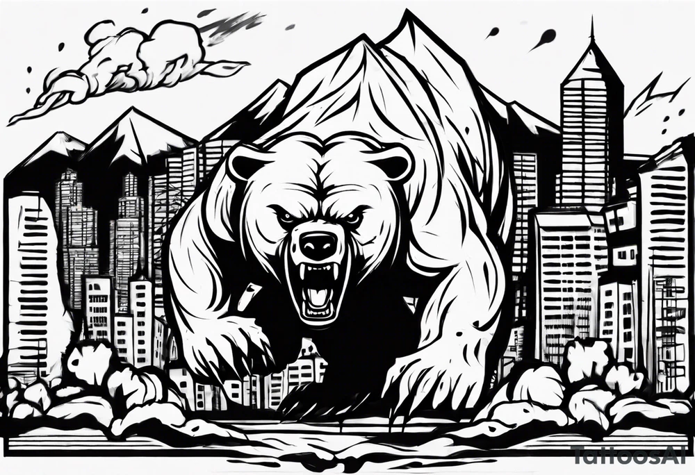 Angry bear coming up behind a city tattoo idea