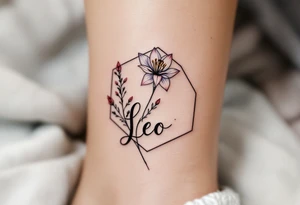 Leo sign, larkspur and water lily surrounded by a hexagon tattoo idea