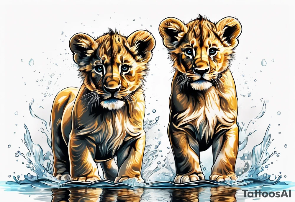 a baby lion looking at his reflection in the water and sees a full grown huge muscular lion tattoo idea