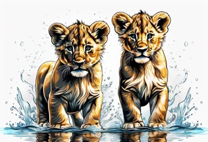 a baby lion looking at his reflection in the water and sees a full grown huge muscular lion tattoo idea