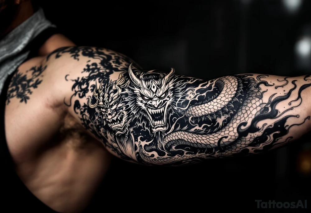 Japanese style with an oni mask, dragon and samurai warrior tattoo idea