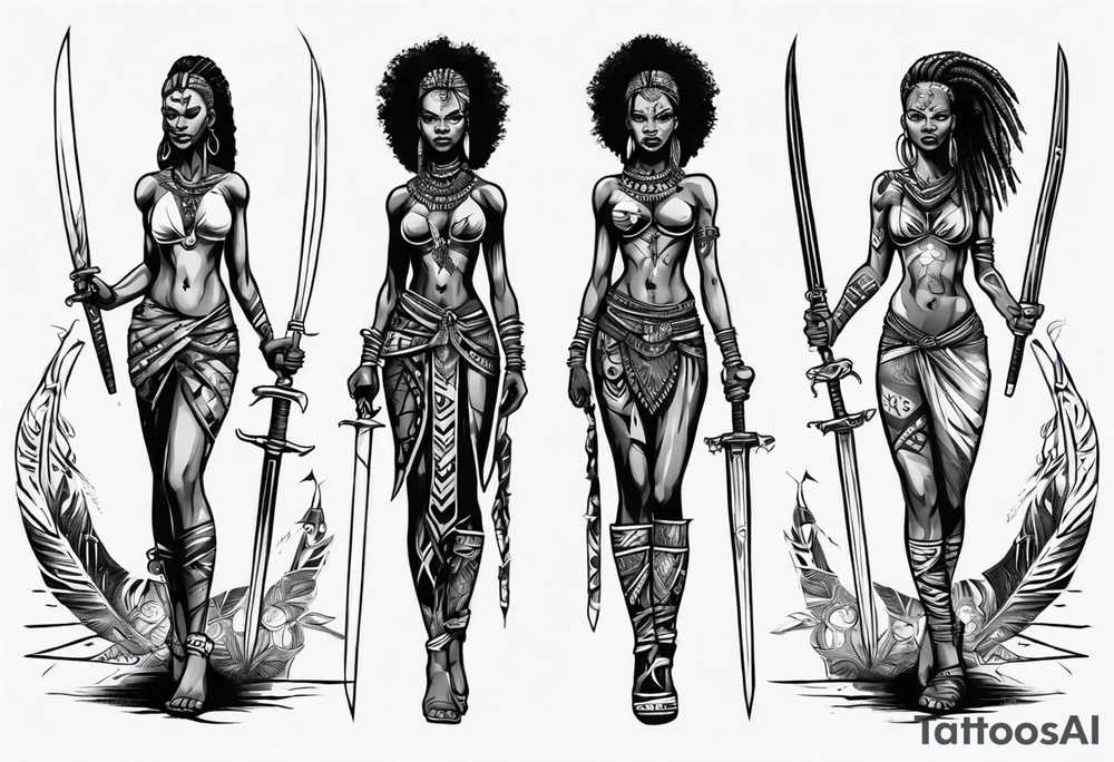 African female full body valkyre slim face holding out sword in both hands tattoo idea