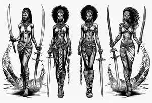 African female full body valkyre slim face holding out sword in both hands tattoo idea