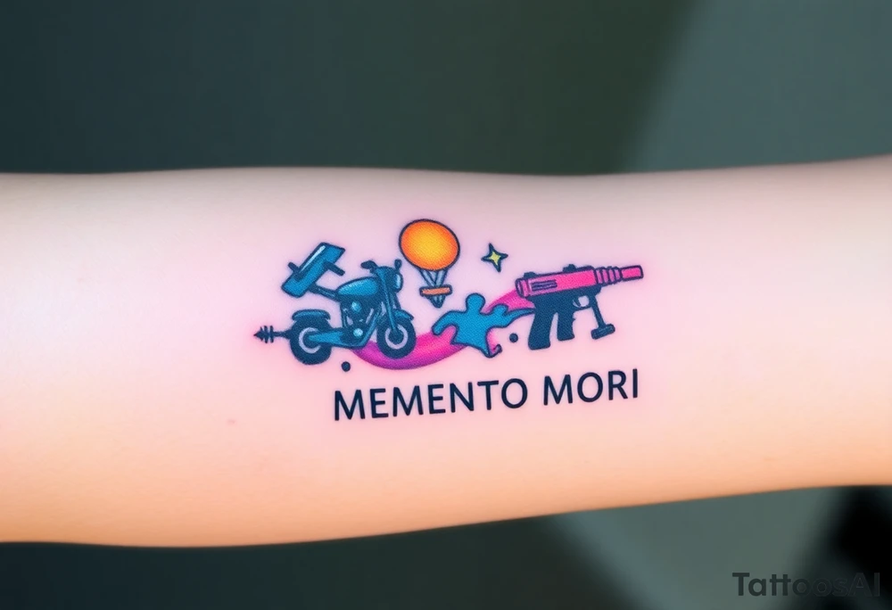 colorful futuristic memory tattoo for passed boyfriend; Florida, gulf coast water, Harley Davidson, skateboarding, puzzle pieces, video games, heaven, god, outdoors, guns, disc golf, words "MEMENTO MORI" tattoo idea