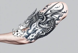 fierce dragon breathing iridescent fire against stormy skies tattoo idea