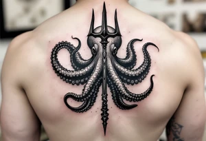 giant octopus around a trident tattoo idea