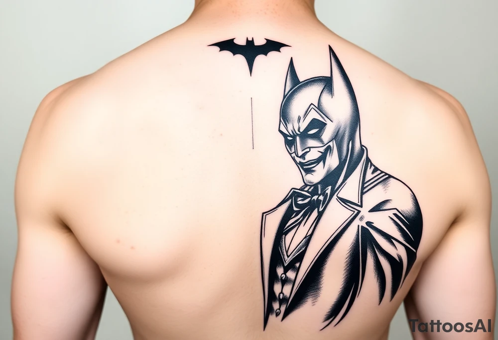 Batman and joker in Gotham with bat signal top center tattoo idea