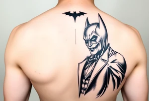 Batman and joker in Gotham with bat signal top center tattoo idea