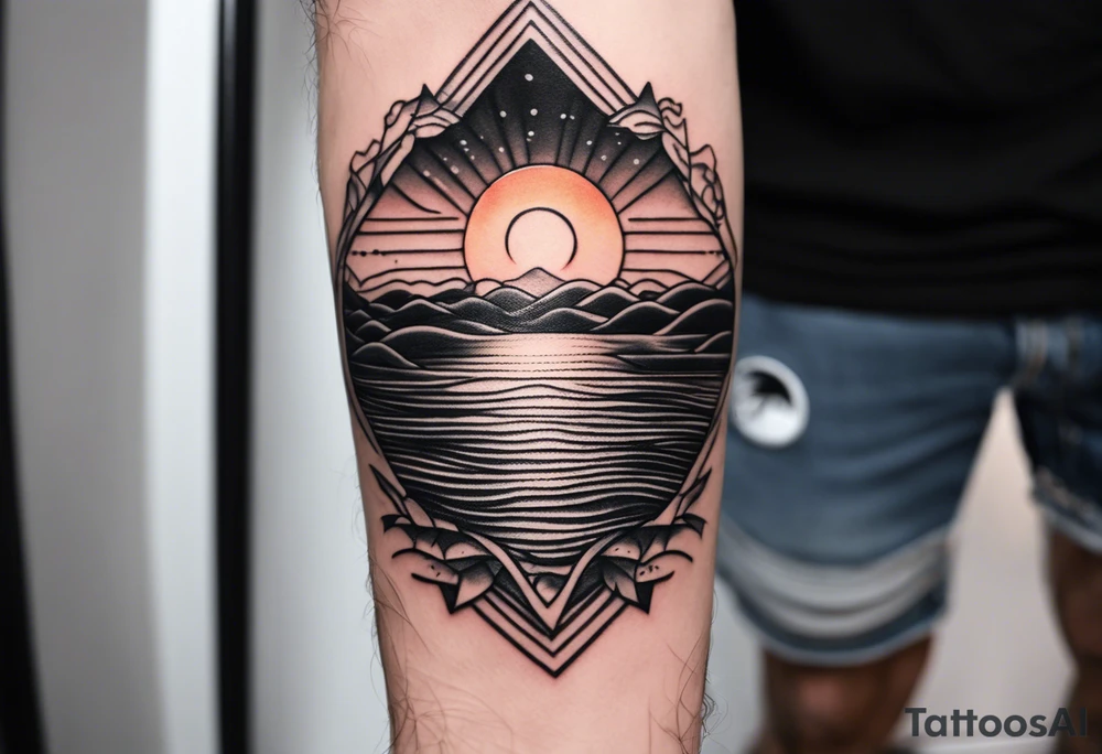 Minimalistic, small, black and white tattoo on male forearm. Tattoo style is line drawing. From the perspective of being on the ocean, the water is calm, with no waves in sight, the sun is setting behind the ocean, reflecting light onto the water. The tattoo in the shape of a rectangle, 4 inches wide by 2 inches tall. tattoo idea