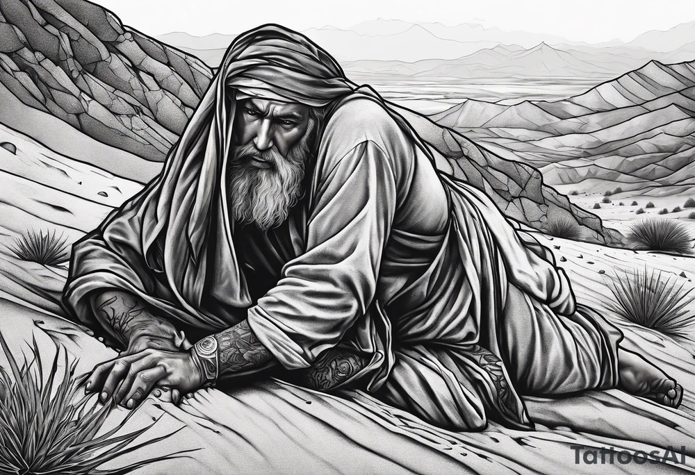 man crawling in a desert reaching to the cross of Christ tattoo idea