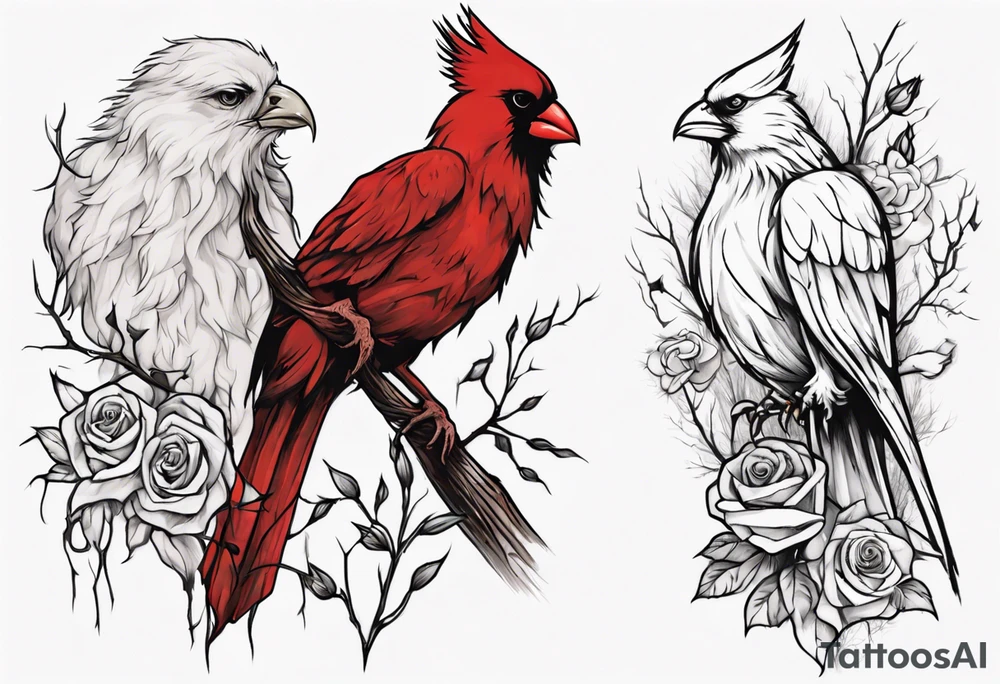 A full sleeve Willow tree with a cardinal holding a rose and a eagle tattoo idea