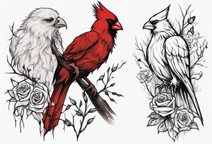 A full sleeve Willow tree with a cardinal holding a rose and a eagle tattoo idea