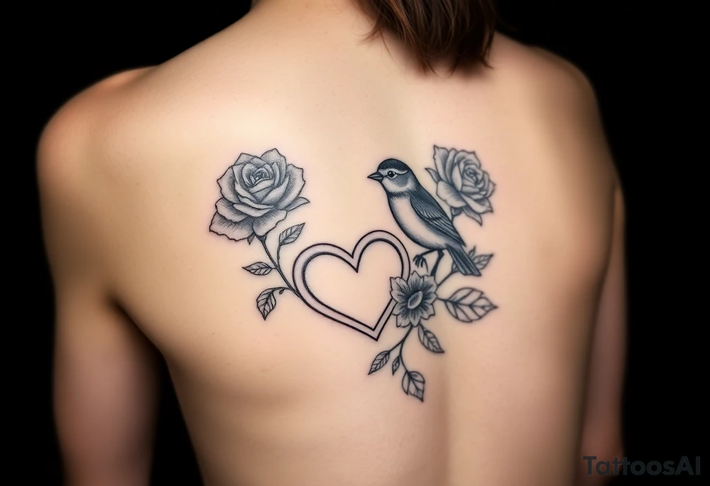 Small Feminine red rose and robin with a infinity heart on hip tattoo idea