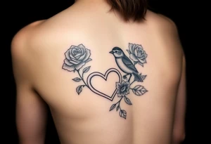 Small Feminine red rose and robin with a infinity heart on hip tattoo idea