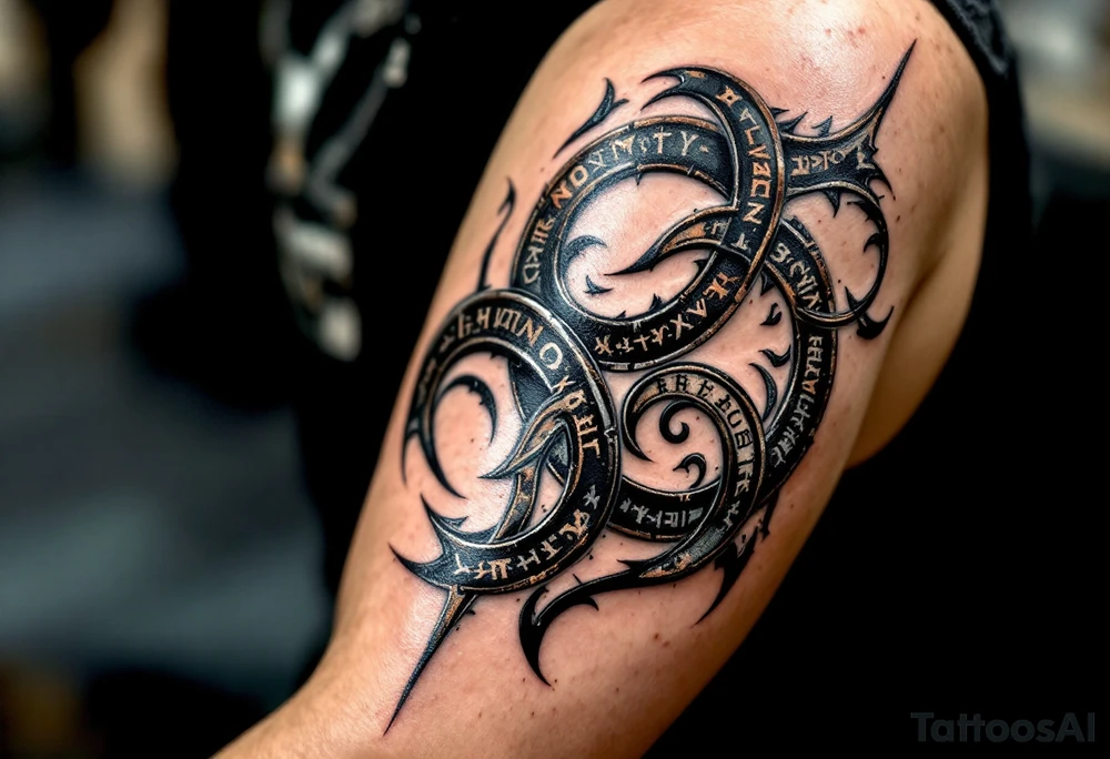 A heavy, Viking-style triskelion spirals with a weathered iron or bronze texture, detailed with runes and Norse knotwork. Dark silver, deep copper, and black shading create a rugged, ancient look, symbolizing strength, resilience, and fate. tattoo idea
