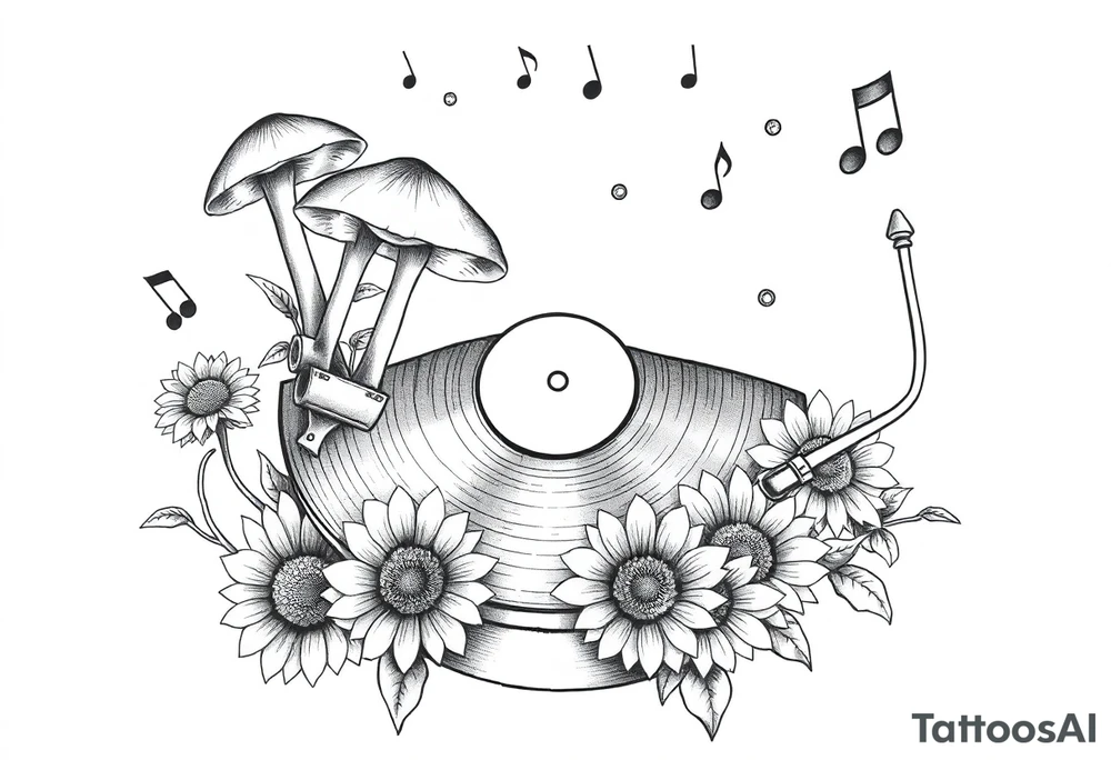 vinyl record player with mushrooms, sunflowers, and music notes around it tattoo idea
