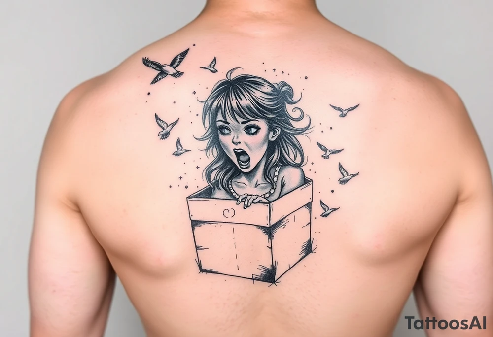 a girl trapped in a box trying to get out with faces blurred out around her screaming and birds flying tattoo idea