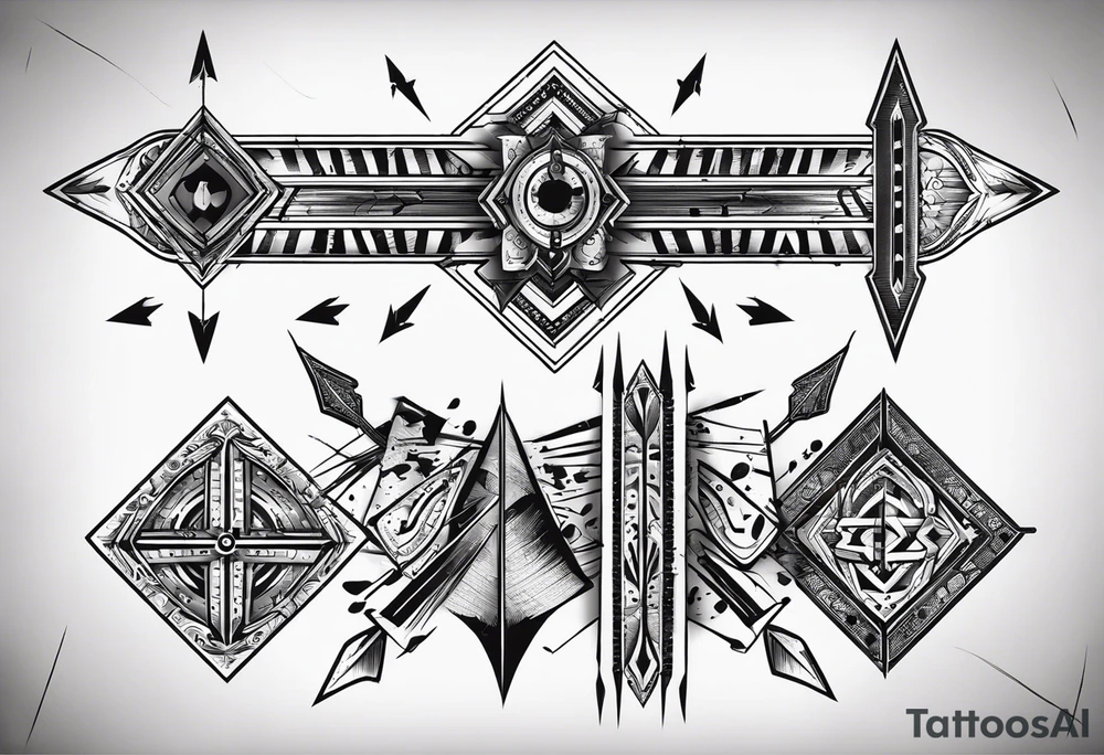 three parallel arrows. the first arrow broken near the flight. the second middle arrow in tact. the third arrow broken near the head. including the morse code for JAK in the design. tattoo idea