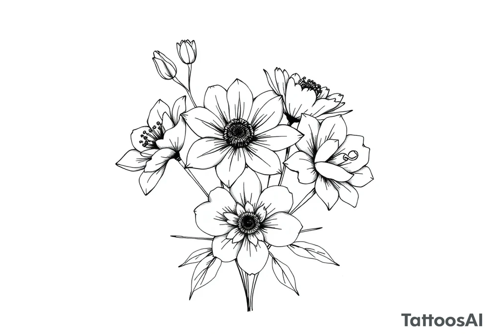 a bunch of flowers with two july birth flowers, one november birth flower and a december birth flower tattoo idea