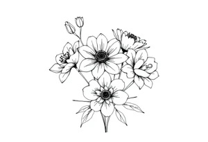 a bunch of flowers with two july birth flowers, one november birth flower and a december birth flower tattoo idea