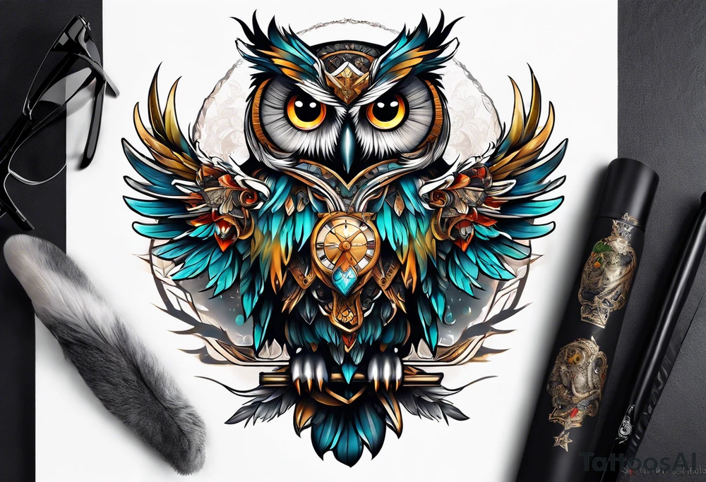 Sleeve with an owl with angel wings tattoo idea