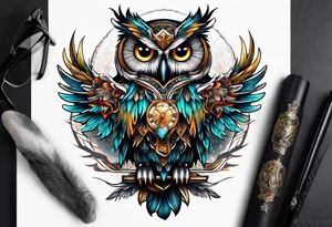 Sleeve with an owl with angel wings tattoo idea