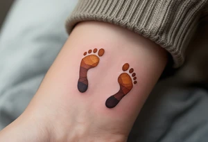 “One step at a time” in warm brown handwritten font with footprint silhouettes fading in earthy tones. tattoo idea