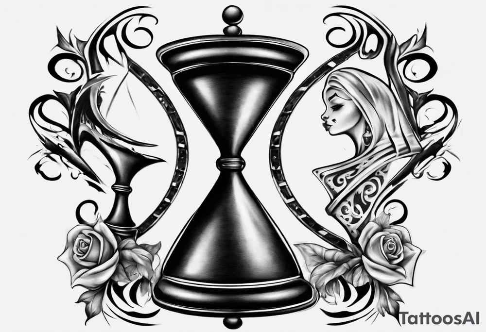 hourglass in the shape of a chess peace with filagree in the background tattoo idea