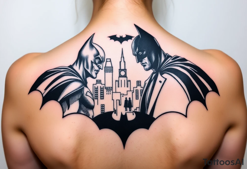 Batman facing off with the joker in Gotham city with bat signal shinning tattoo idea