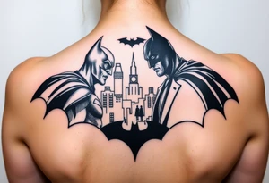 Batman facing off with the joker in Gotham city with bat signal shinning tattoo idea