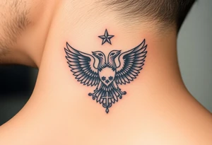 Double-headed eagle outline only (no shading) — suits neck skin which ages differently
Star above, small orthodox cross below tattoo idea