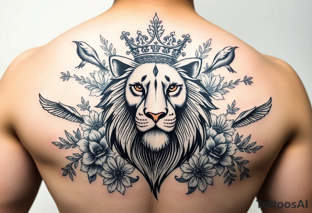 powerful majestic lion with a crown, surrounded by floral ornaments and birds tattoo idea