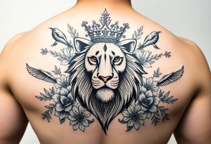 powerful majestic lion with a crown, surrounded by floral ornaments and birds tattoo idea