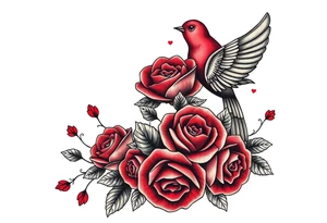 Vintage lace, red roses, red birds, vintage, wrap around, tighter together, no space open tattoo idea