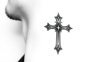 orthodox christian cross relatively small on side of left neck tattoo idea