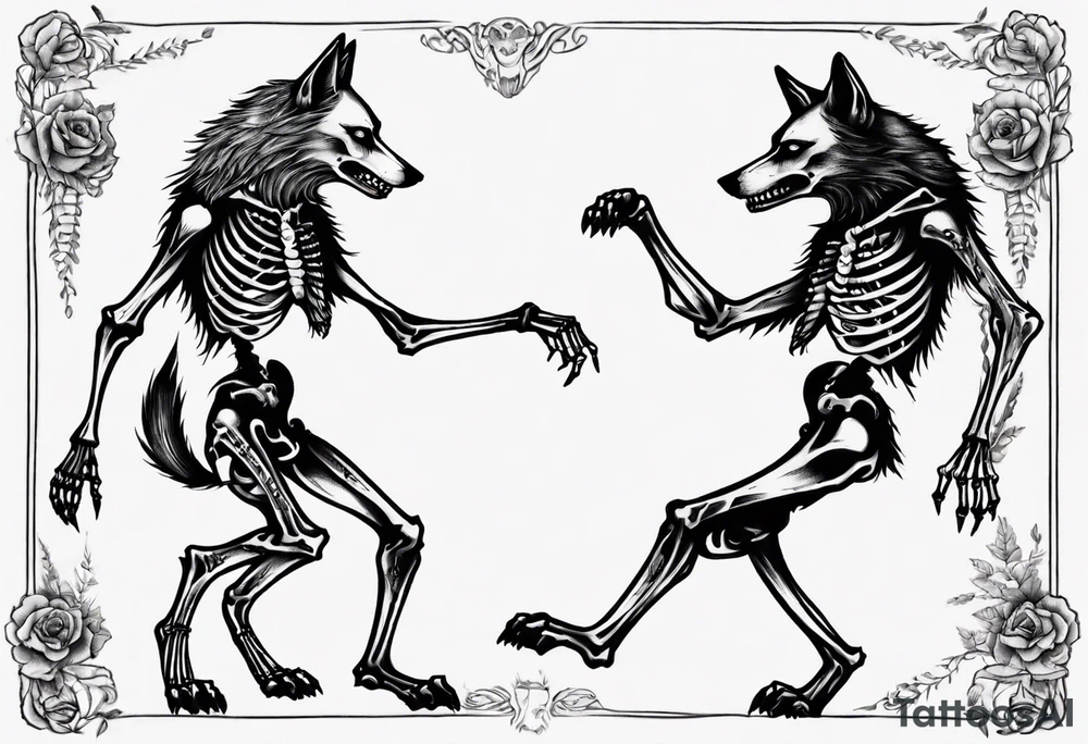 two wolf skeletons dancing tattoo idea