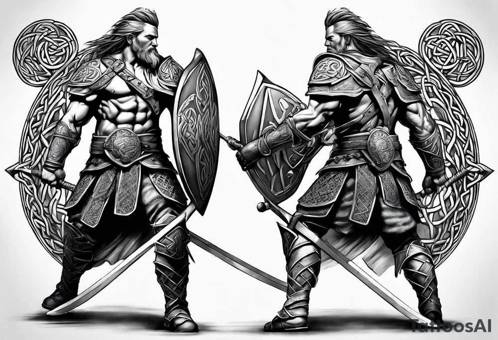 Side profile full body of Celtic warrior walking into battle tattoo idea