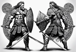 Side profile full body of Celtic warrior walking into battle tattoo idea