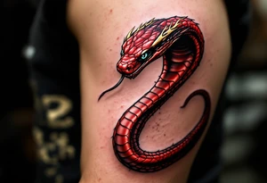 A scarlet red cobra, poised to strike, with golden hood markings and obsidian eyes. tattoo idea