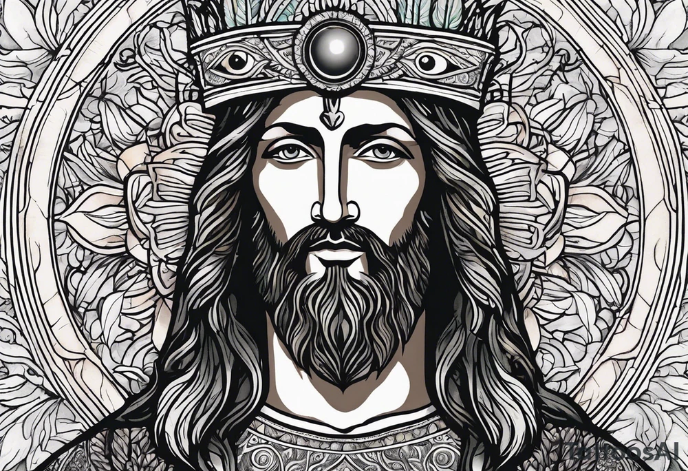 flat stern byzantine Christ with all-demanding eyes with a halo made of peacock feathers and pecan trees tattoo idea